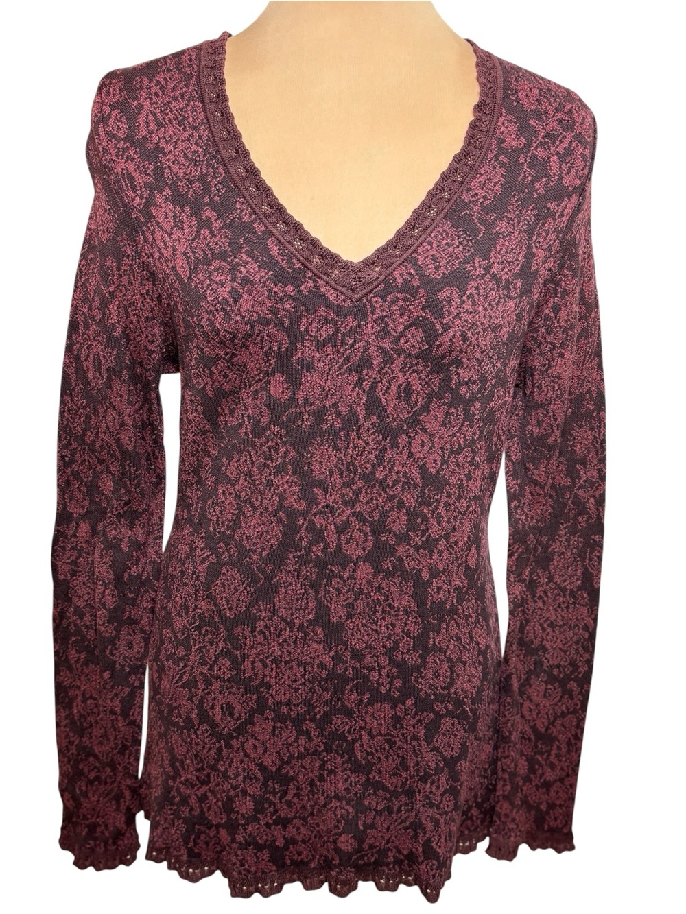 Peruvian Connection Pima Cotton Floral Knit Top Burgundy Black Large